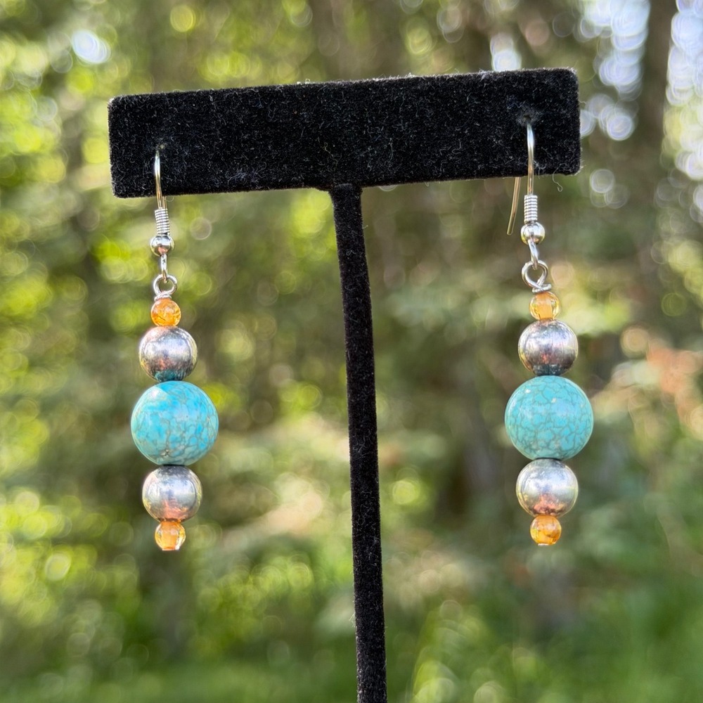 Turquoise Howlite Stone Drop Earrings  Vintage Silver Bead Westerncore Dangles